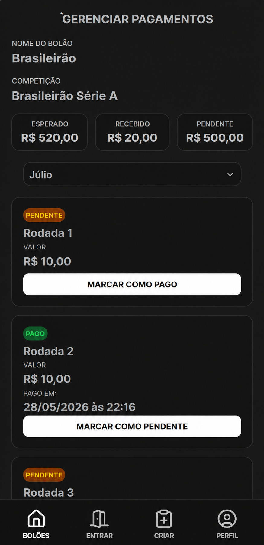Tela de Arrecadação