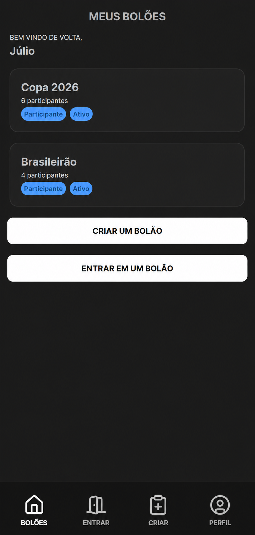 Tela Meus Bolões